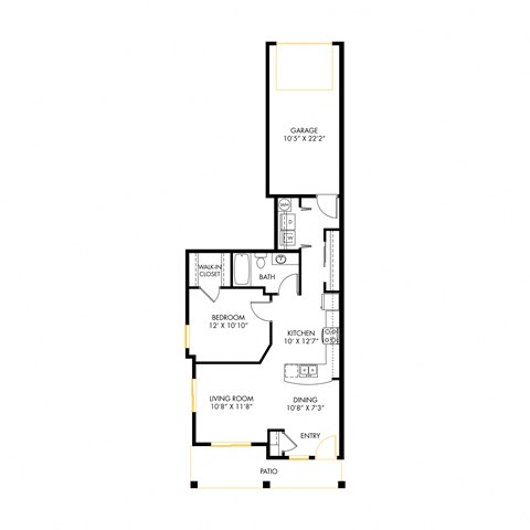 A floor plan of 1x1 A with a living room, dining room, kitchen, and one bathrooms